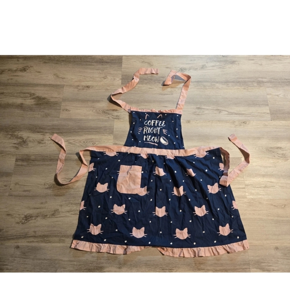 Pantry Cats Coffee Right Meow Pinafore Full Apron Navy Blue Pink OS One Size